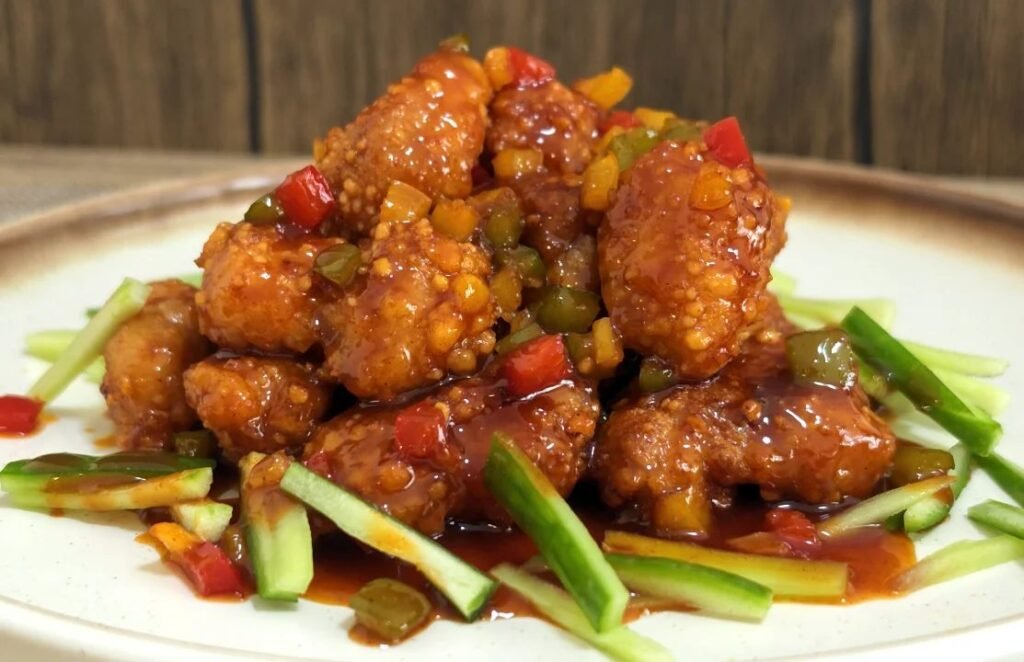 Crispy sticky air fryer gochujang chicken with bell peppers and julienned cucumber