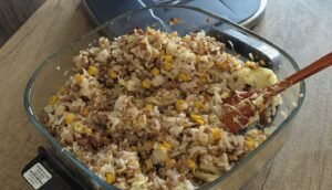 Rice mixed through the soy garlic beef, corn and cabbage