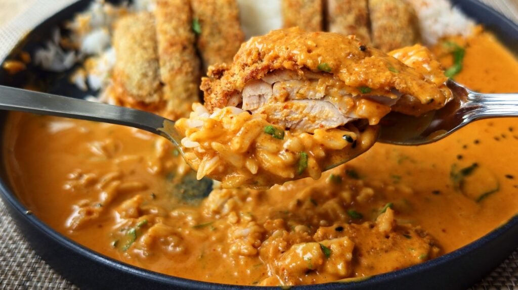 Spoonful of chicken katsu with rice and creamy coconut curry sauce
