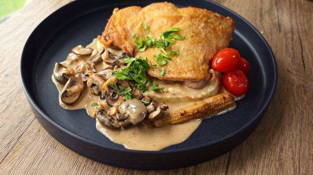 Creamy mushroom chicken thigh on buttery mash in a dark bowl