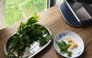 Fresh curry leaves, minced garlic and grated ginger